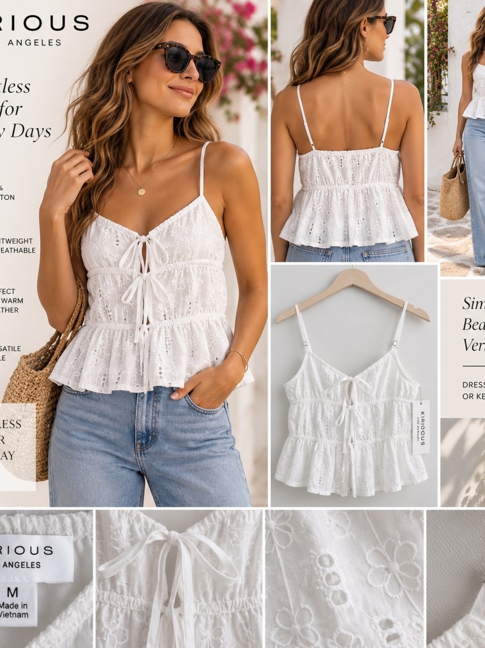 KIRIOUS Los Angeles Women’s White Eyelet Embroidered Tie Front Cami Top M NWT